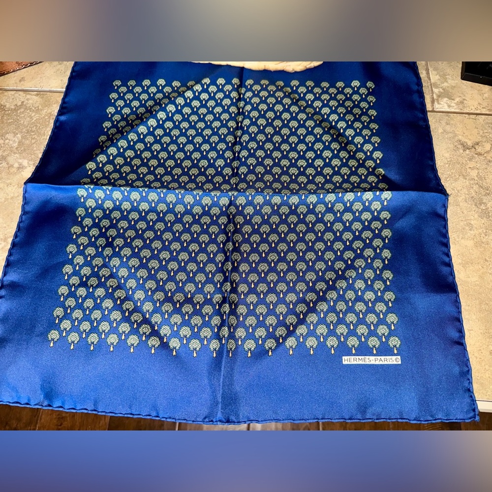 Authenic Hermes Silk Pocket Square/ Handkerchief Blue with Trees